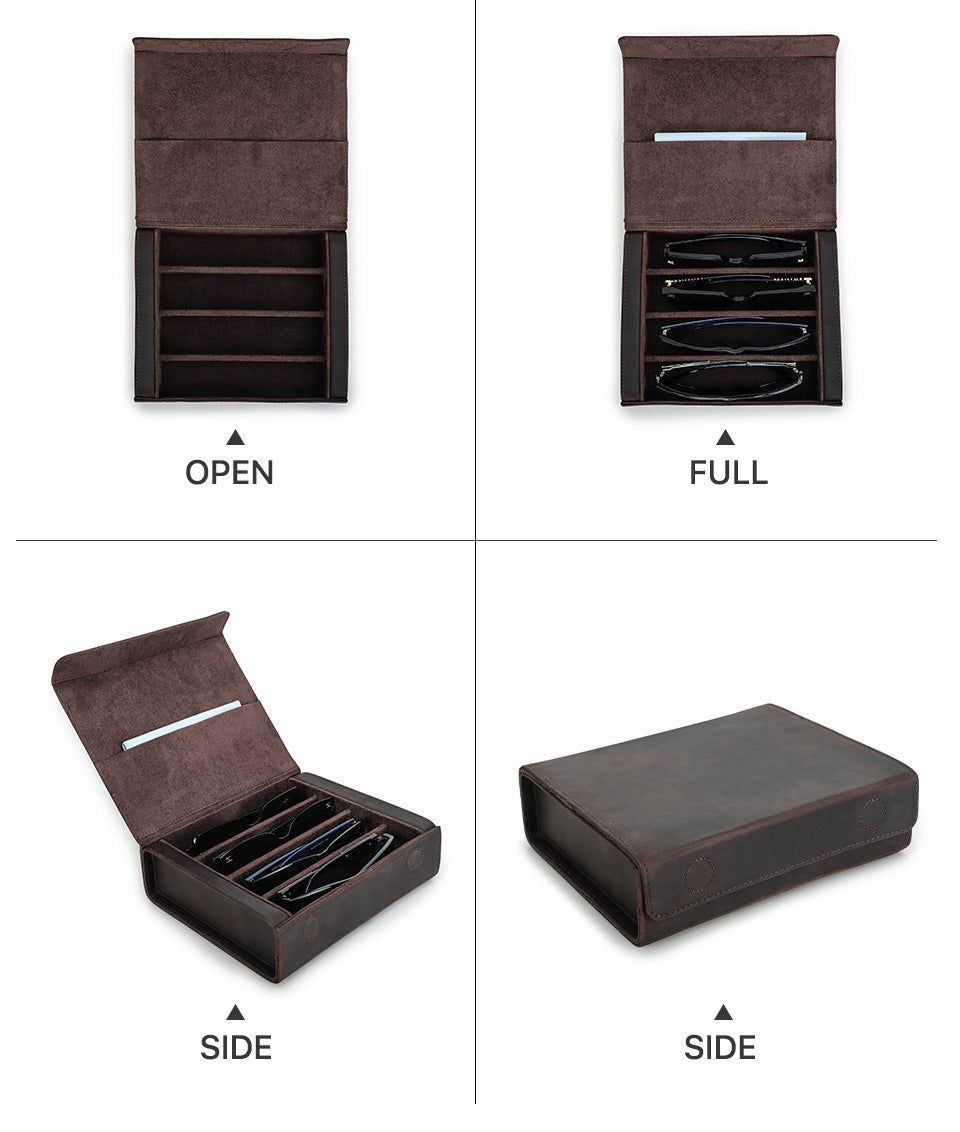 4-Slot Vintage Crazy Horse Leather Glasses Case – Handcrafted Eyewear Storage Box