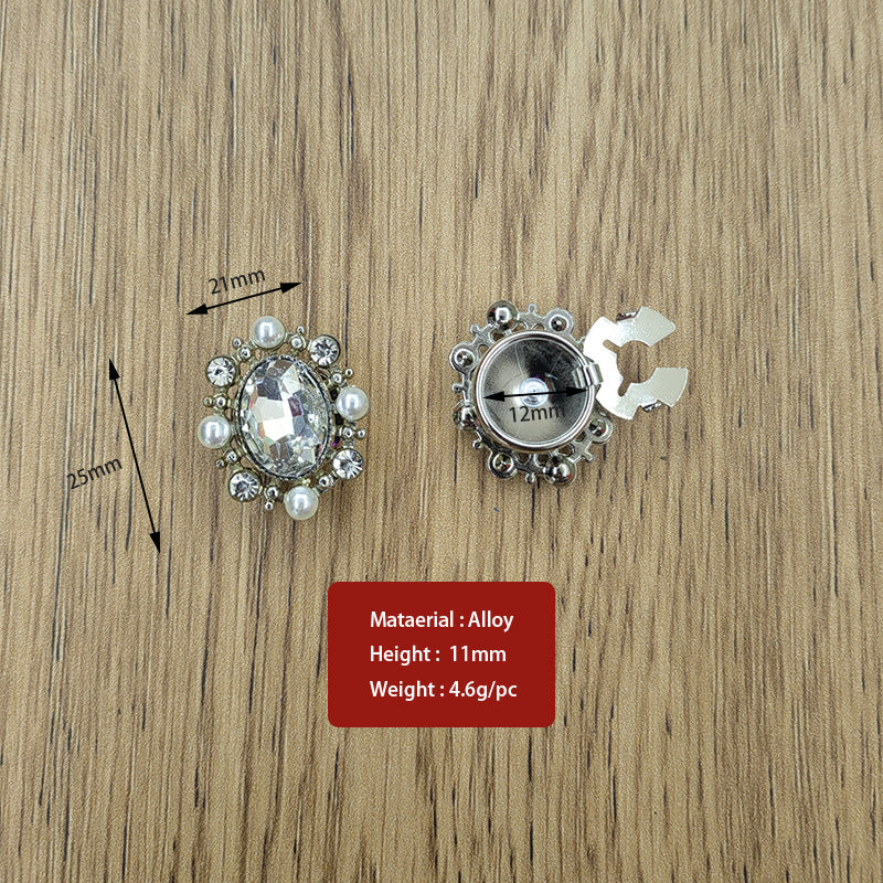 Rhinestone snap-on button set, clear oval with pearls and silver frame, 10-pack