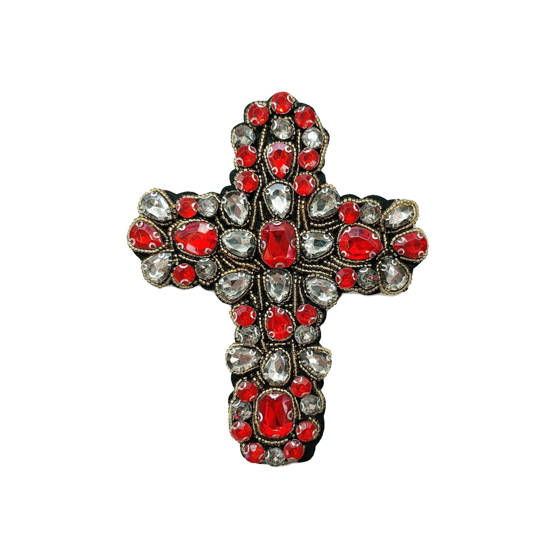 Red and clear rhinestone cross appliqué with dark beaded trim
