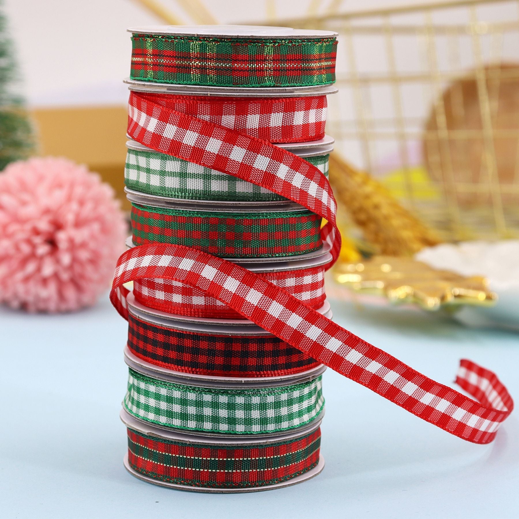 10mm knit ribbon rolls: red gingham, green plaid & stripes, 8-pack, plaid patterns