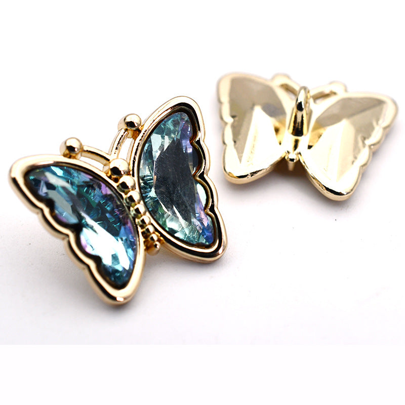 Butterfly crystal glass metal shank buttons, blue teal gems, gold-tone metal settings
