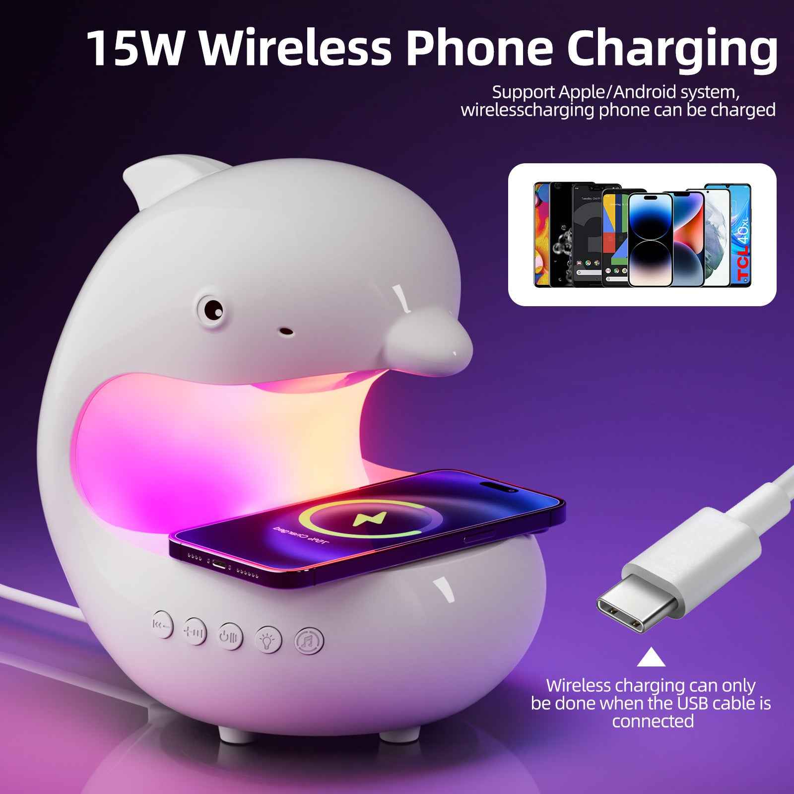 Dolphin Night Light with Wireless Charger & Bluetooth Speaker