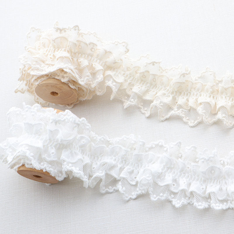 White pleated lace trim elastic, double-layer ruffle with gathered texture