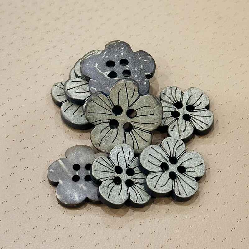 Plum blossom laser-cut coconut shell shoe buttons, dark silver-gray, flower cutouts
