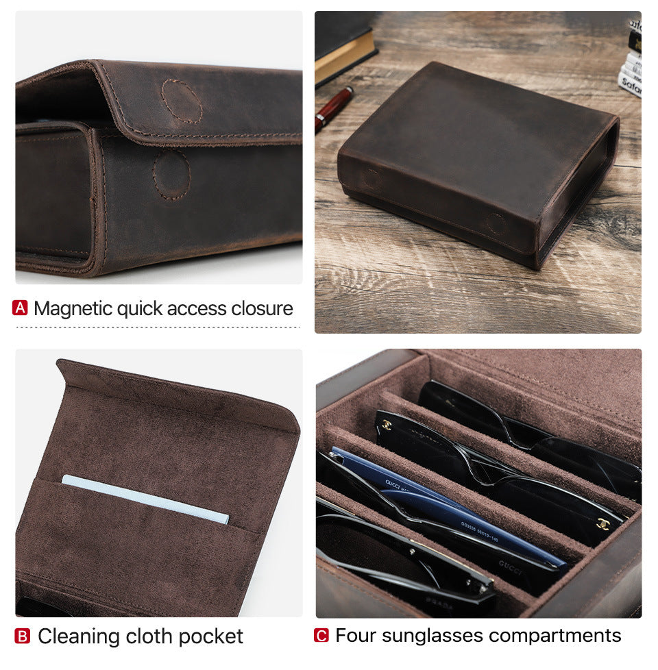 4-Slot Vintage Crazy Horse Leather Glasses Case – Handcrafted Eyewear Storage Box
