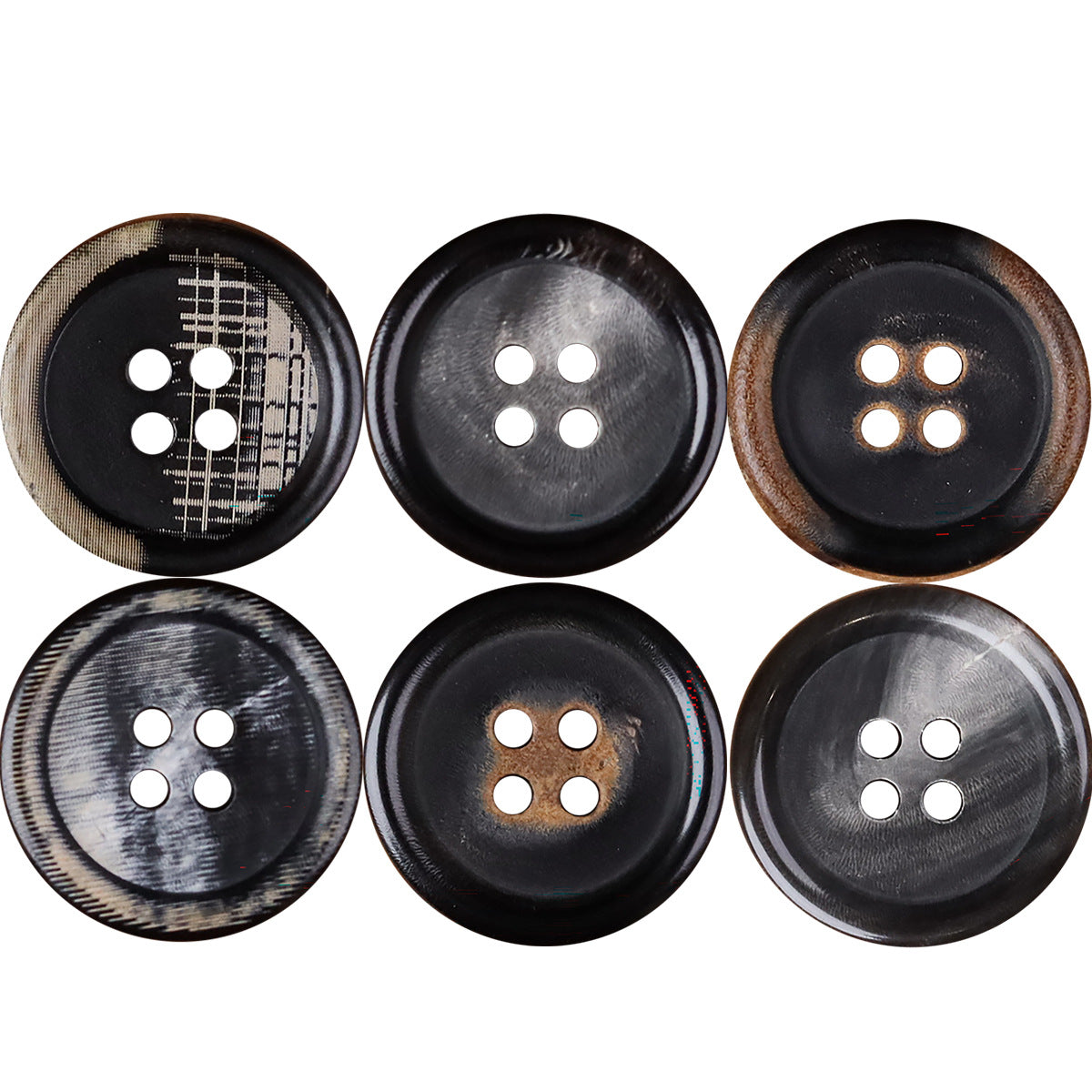 4-hole natural horn-style buttons, dark round faces with four holes, assorted finishes