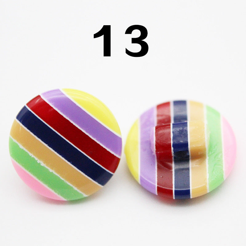 Rainbow striped resin shirt button, round, multicolor bands (red, blue, purple, yellow); Color 13