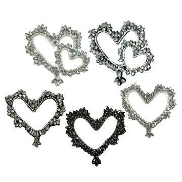Hollow heart diamond marquise hand-beaded acrylic applique 5-pack, silver and black hearts