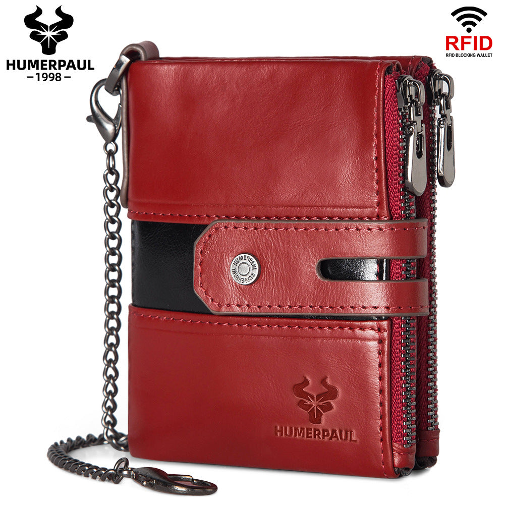 Men's Retro Leather Wallet,Double Zipper Red
