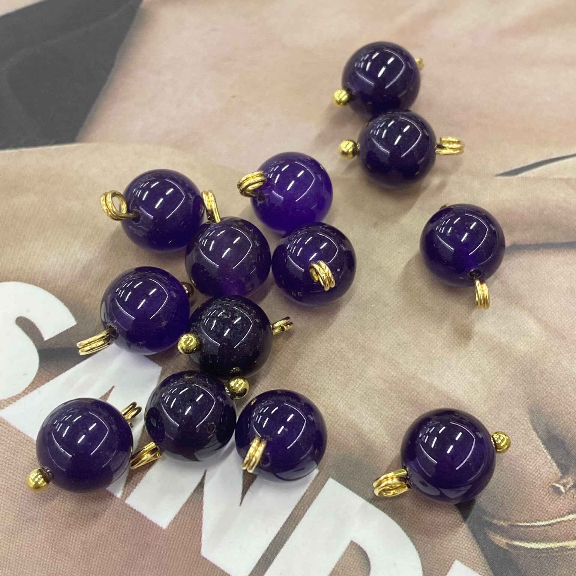 Natural jade buttons, dark purple tones, gold loops, 10mm round Chinese style