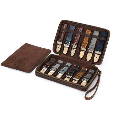 12-Slot Vintage Crazy Horse Leather Watch Strap Box | Handcrafted Zipper Travel Organizer