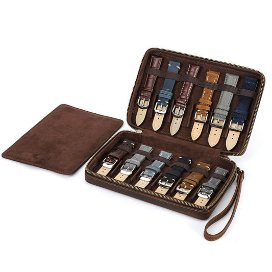 12-Slot Vintage Crazy Horse Leather Watch Strap Box | Handcrafted Zipper Travel Organizer