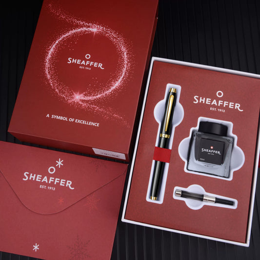 Sheaffer 100 Fountain Pen Gift Set – Fine Nib (~0.5mm), Gold Clip, Converter & Ink | Polished Chrome / Black Lacquer / Dark Blue-Grey