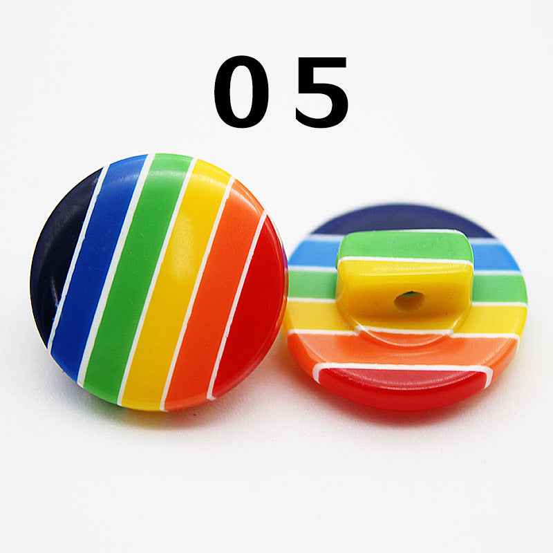 Color 05: rainbow striped resin shirt button, blue/green/yellow/red stripes, round shank.
