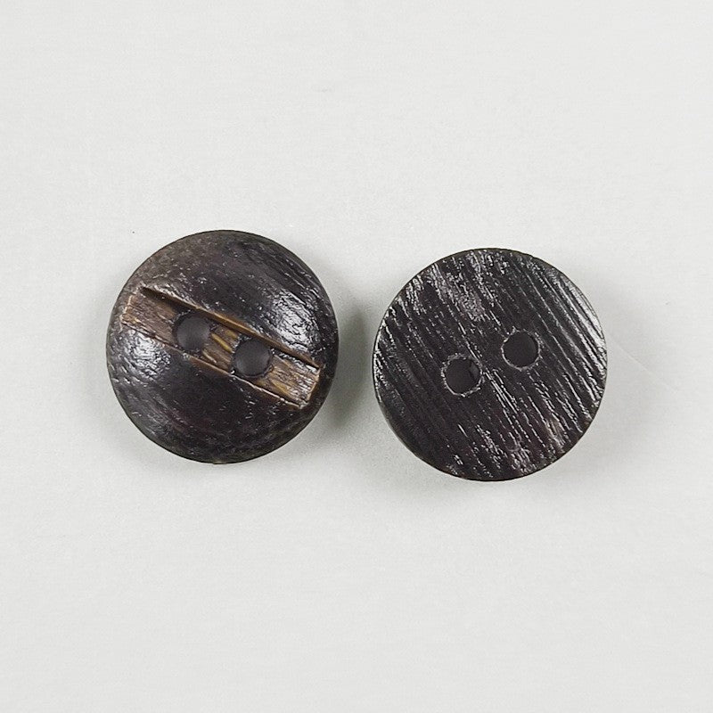 Round dark brown 2-hole wood button with visible grain, pair shown