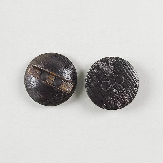 Round dark brown 2-hole wood button with visible grain, pair shown