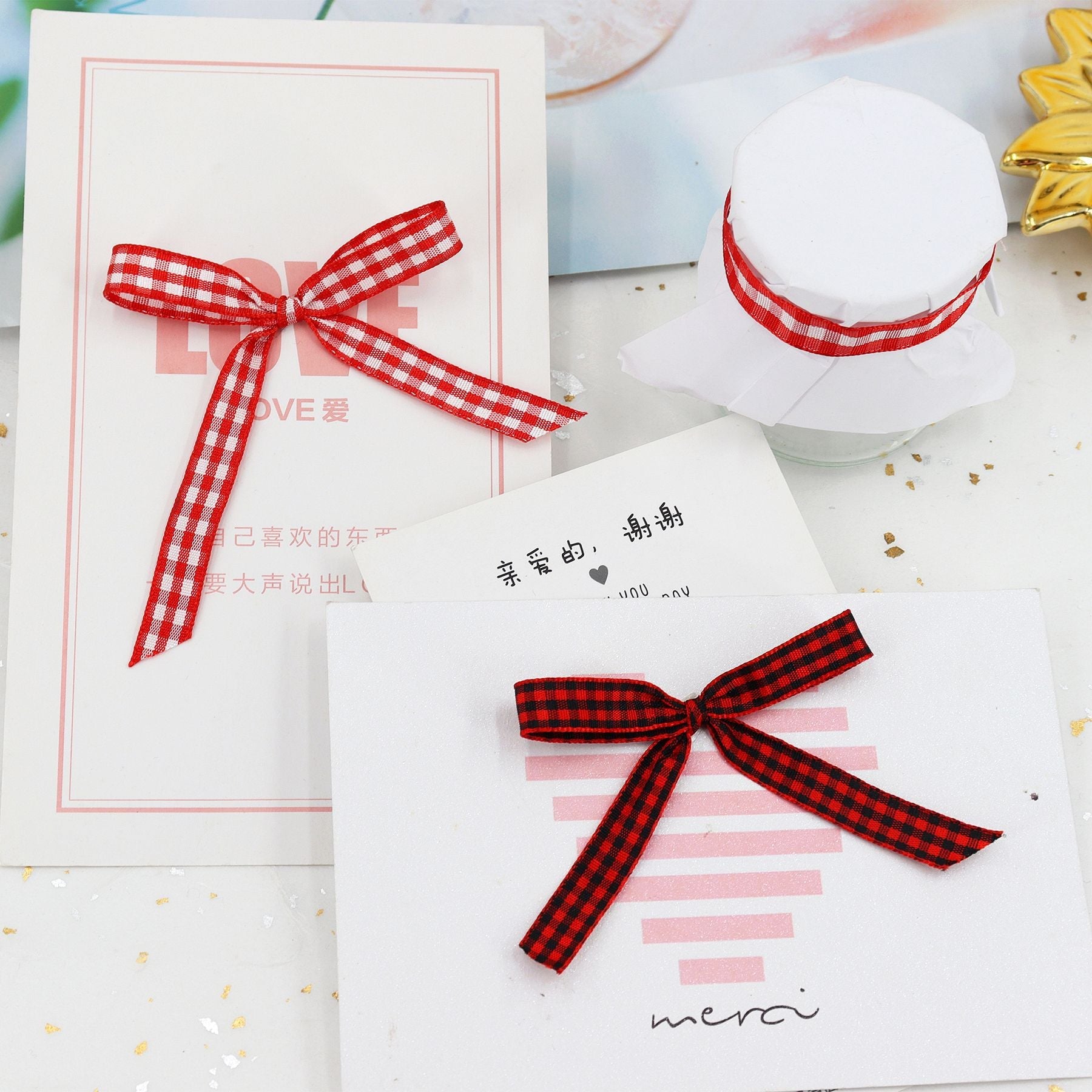 10mm knit ribbon bows on cards: red/white and black/red plaid Christmas set