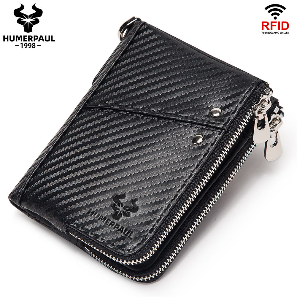 RFID Blocking Leather Short Wallet with Double Zipper Carbon