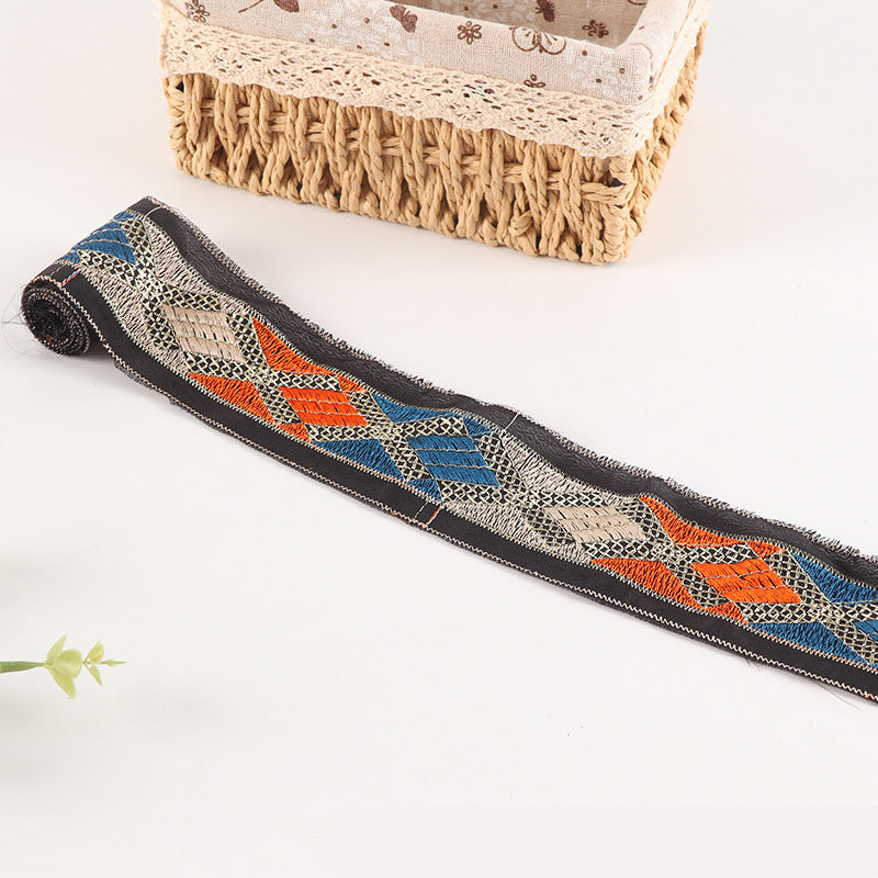 Black mesh lace trim with X-shaped diamond embroidery and contrast stripes, 6cm