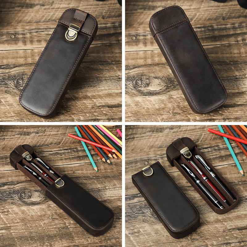 Leather 3-Fountain Pen Case Handmade Slide-Out Box with Clasp Closure