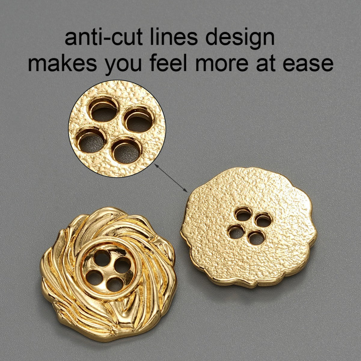 Gold tone 4-hole metal button with spiral engraving and textured, speckled finish