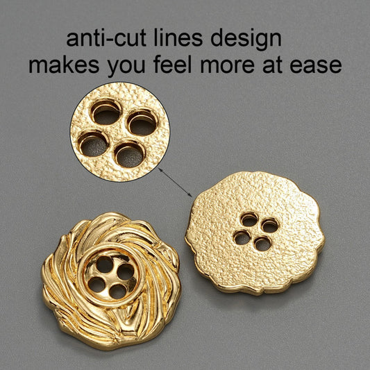 Gold tone 4-hole metal button with spiral engraving and textured, speckled finish