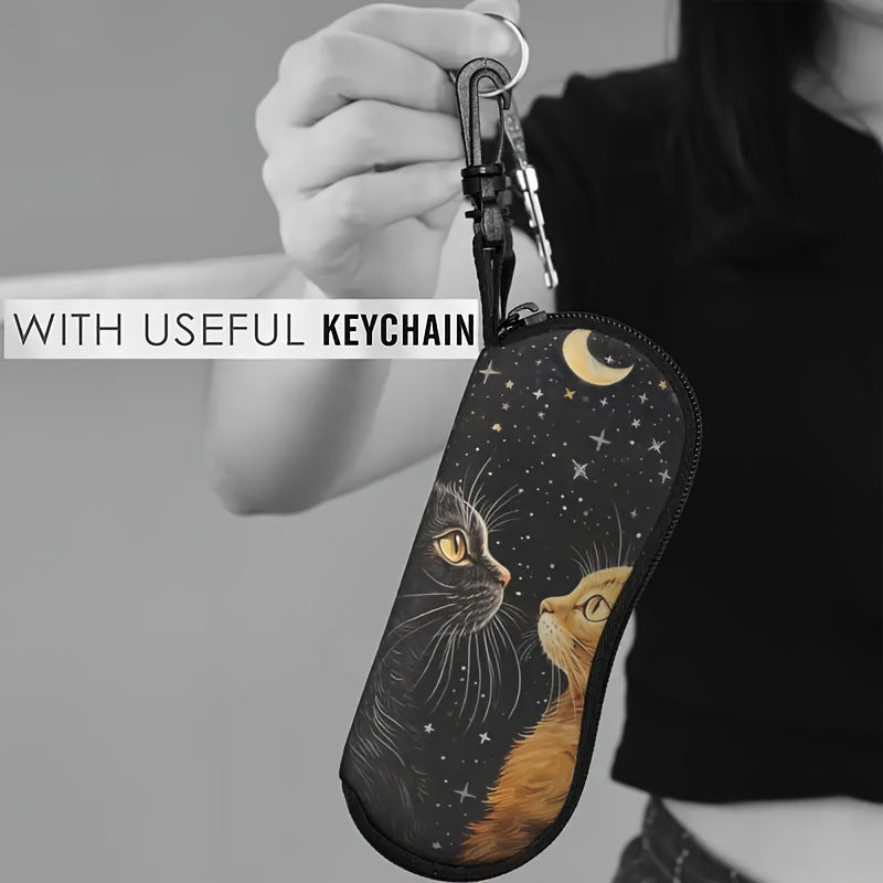 Two Cats Print Glasses Case - Soft Eyewear Pouch with Keychain 2PCS