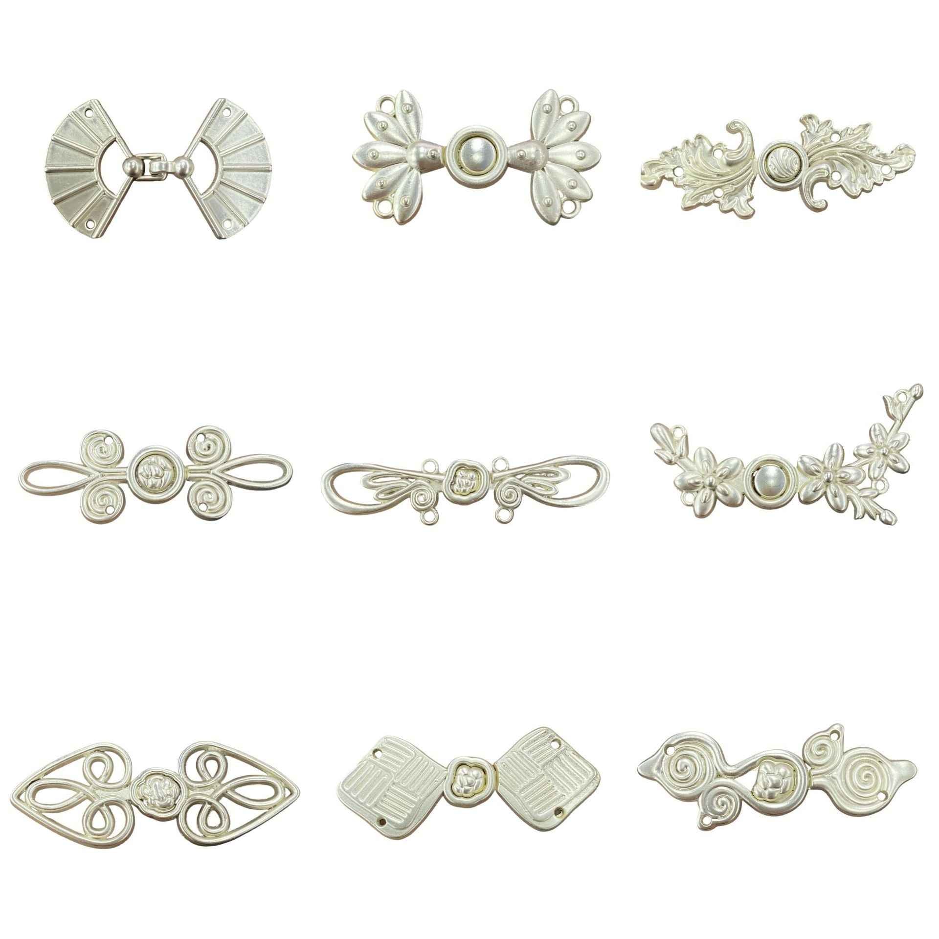 Set of 6 silver-tone metal frog buttons for Hanfu/Qipao, ornate designs (Style 1)