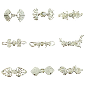 Set of 6 silver-tone metal frog buttons for Hanfu/Qipao, ornate designs (Style 1)