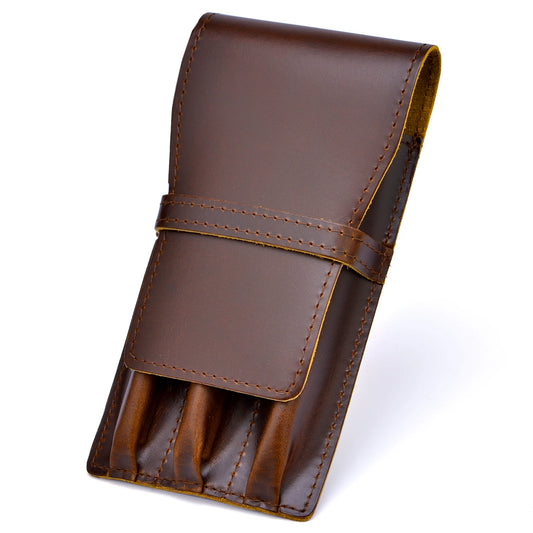 Asvine 3-Pen Handmade Oil-Tanned Genuine Leather Pen Pouch | Fountain Pen Carry Case & Protector Red Brown
