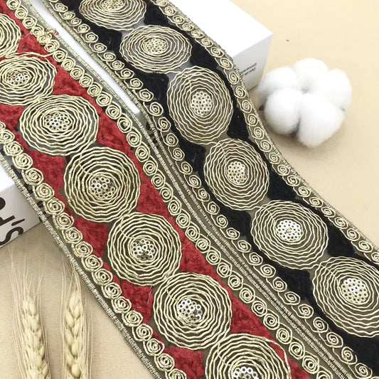 Black lace trim with circular Miao embroidery and spiral edge, 6.5 cm wide