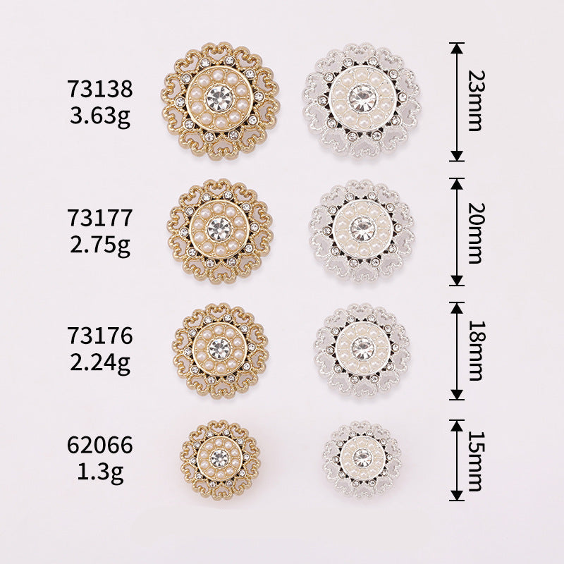 Assorted rhinestone and pearl lace metal shank buttons in gold and silver