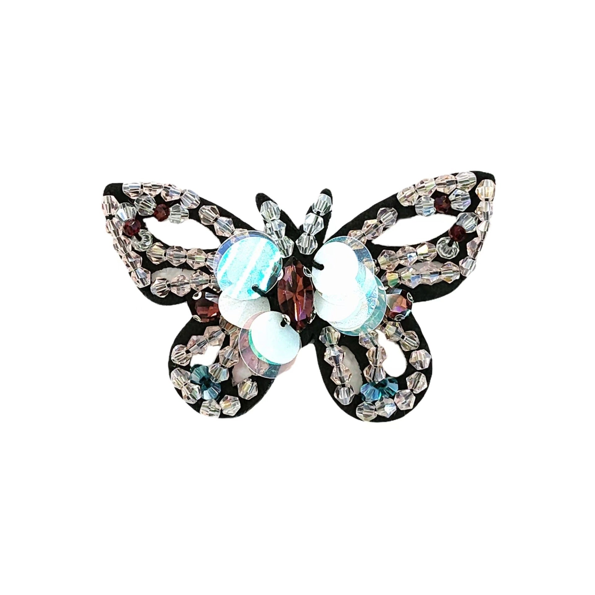 Black crystal butterfly sequin applique with iridescent light-blue gems