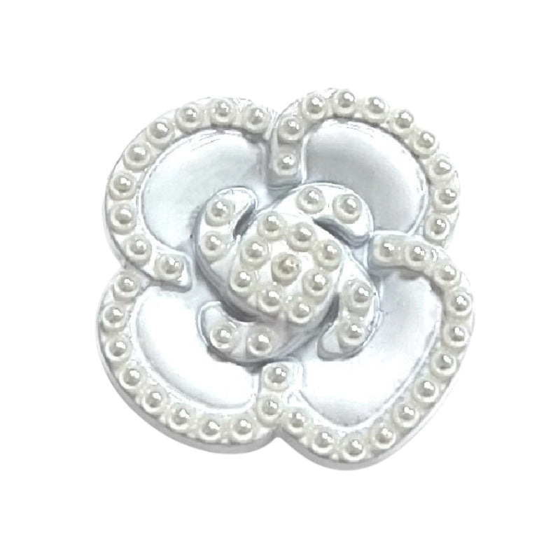 White camellia pearl heart shank button with swirl texture and bead border