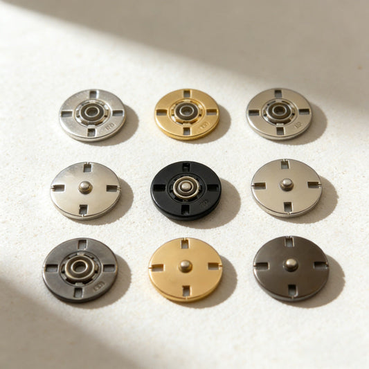 Round invisible metal snap buttons in silver, gold and black—round metal caps