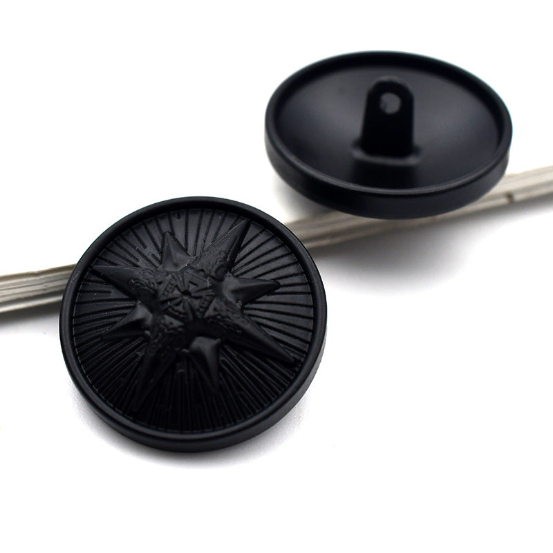 22mm black round star metal shank button, embossed starburst design