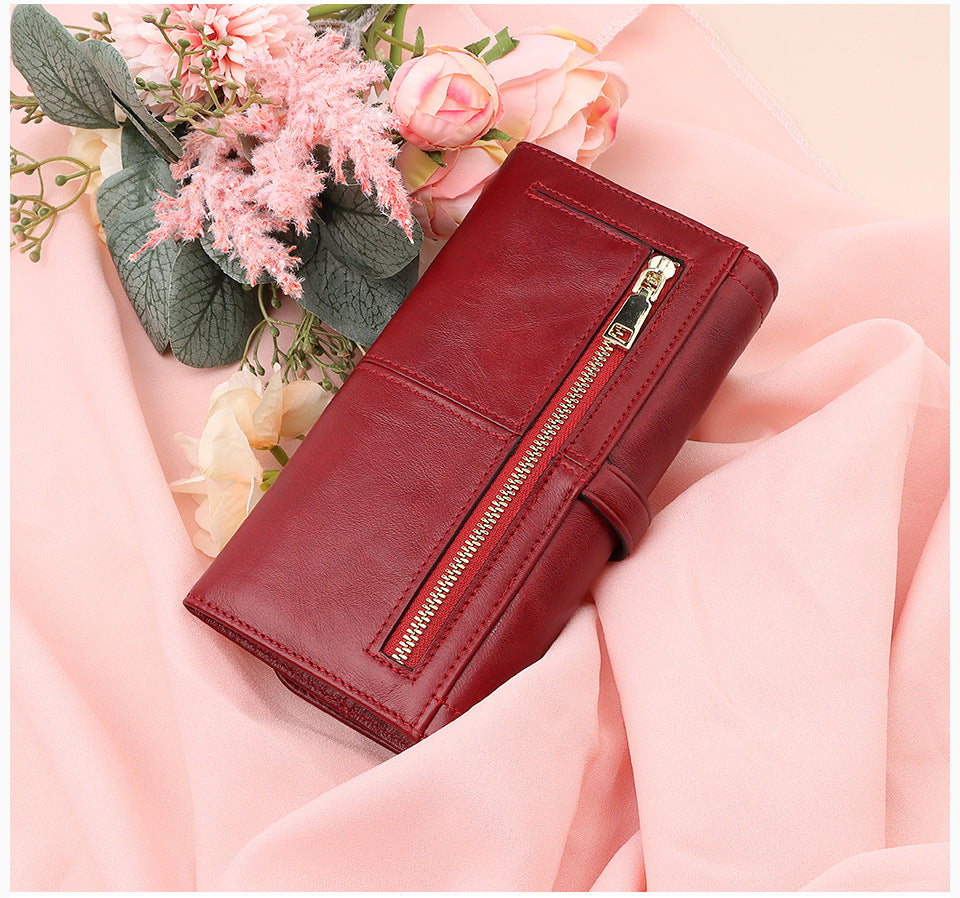 Women's Genuine Leather RFID Wallet – Long Zip Clutch Full Grain Cowhide