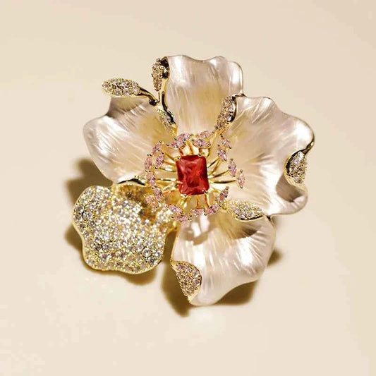 Enamel Peony Copper Zircon Brooch Pin