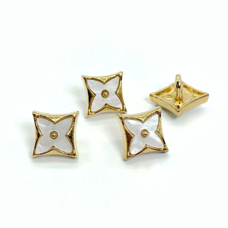 White enamel rhombus four-leaf clover shirt buttons with gold rim and metal shank (set of 3)