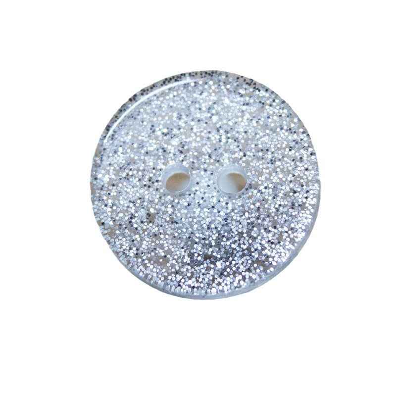 12/19mm 2-hole glitter resin button, white transparent, round, front view