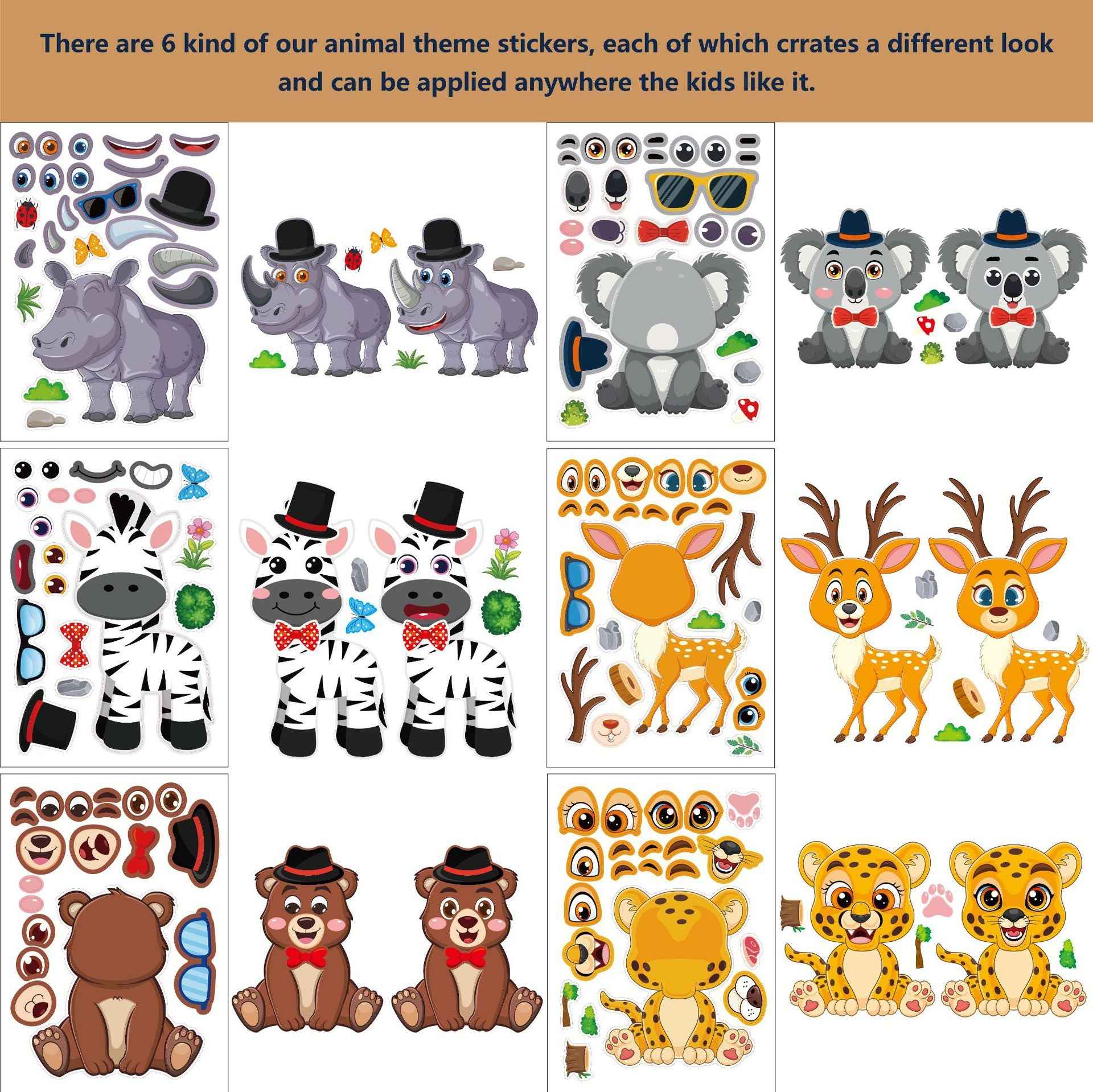 Make a Face Cartoon Animals Stickers for Kids 24 Sheets