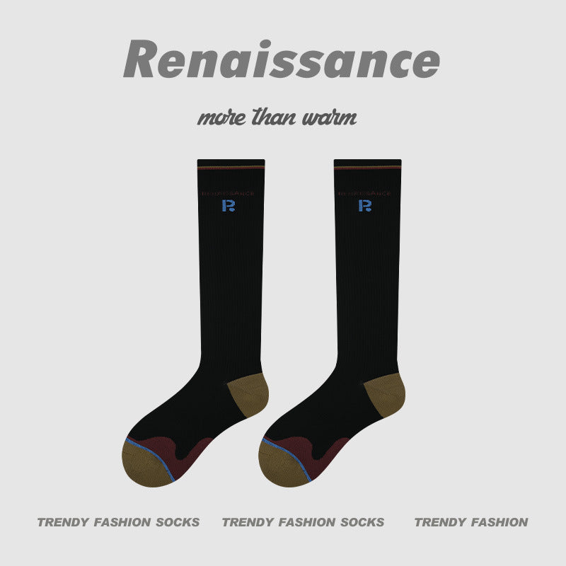 Thin Compression Running Socks for Women, black with burgundy curved panel and tan toe/heel