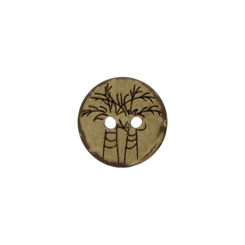 Round coconut shell button, 2 holes, dark tan with black botanical motif