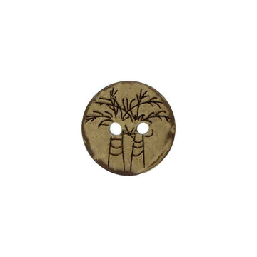 Round coconut shell button, 2 holes, dark tan with black botanical motif