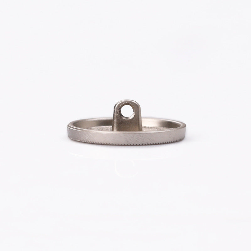 Flat metal shank button underside with loop, sand nickel finish