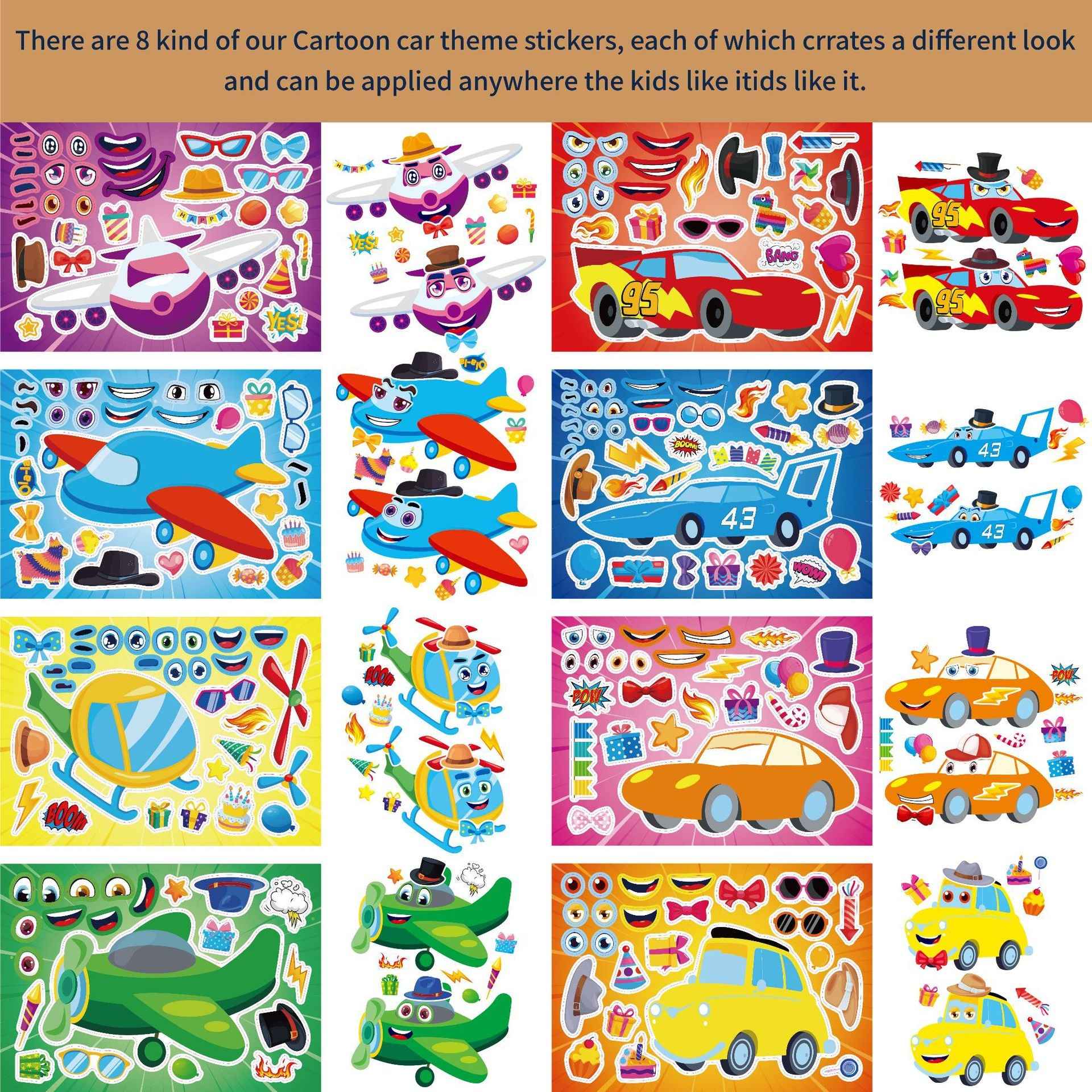 Make a Face Cartoon Race Car and Airplane Stickers for Kids 24 Sheets