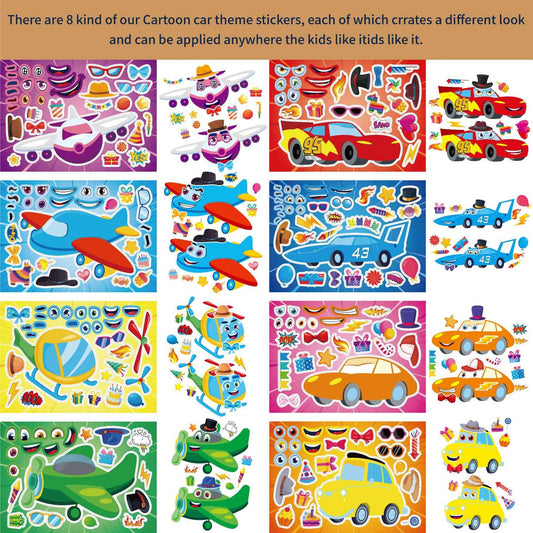 Make a Face Cartoon Race Car and Airplane Stickers for Kids 24 Sheets