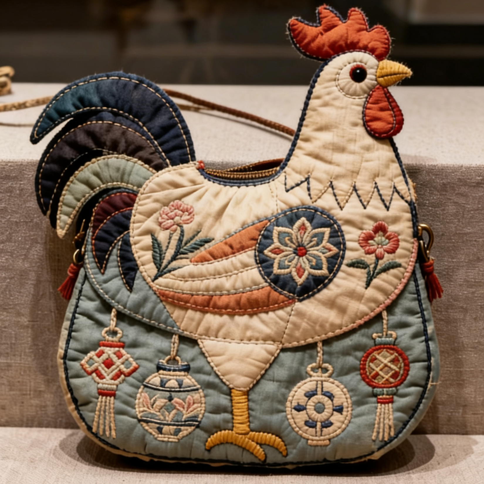 Handmade Rooster Embroidery Tote Bag – New Chinese Style Large-Capacity Fabric Shoulder Bag