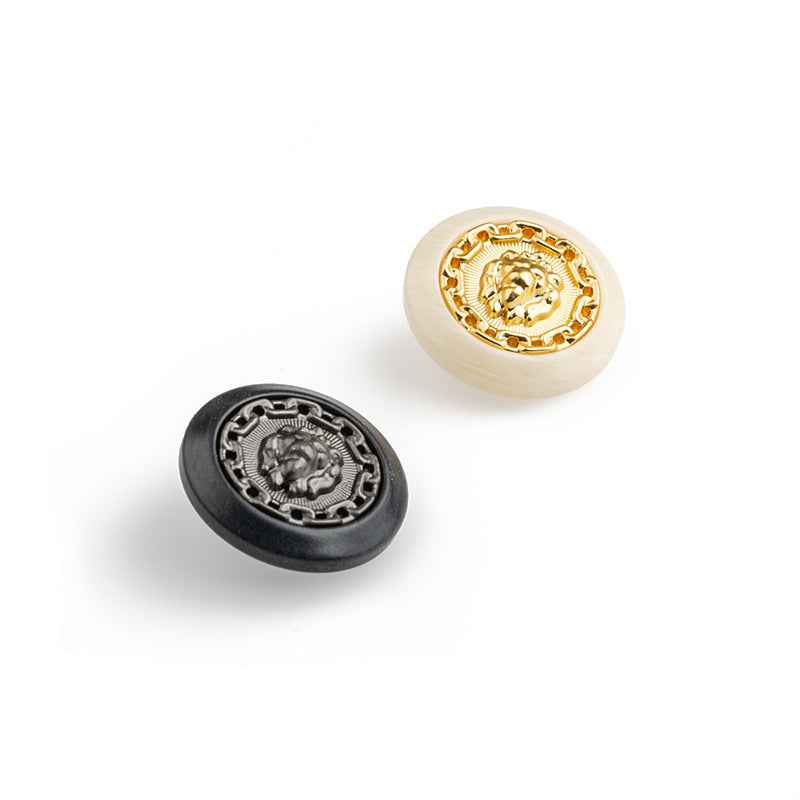 Round lion resin-metal buttons: beige with gold crest, black with silver crest