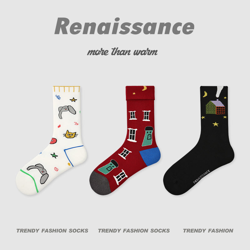 3-pack princess socks with animal prints, houses, and stars on white, red, and black pairs